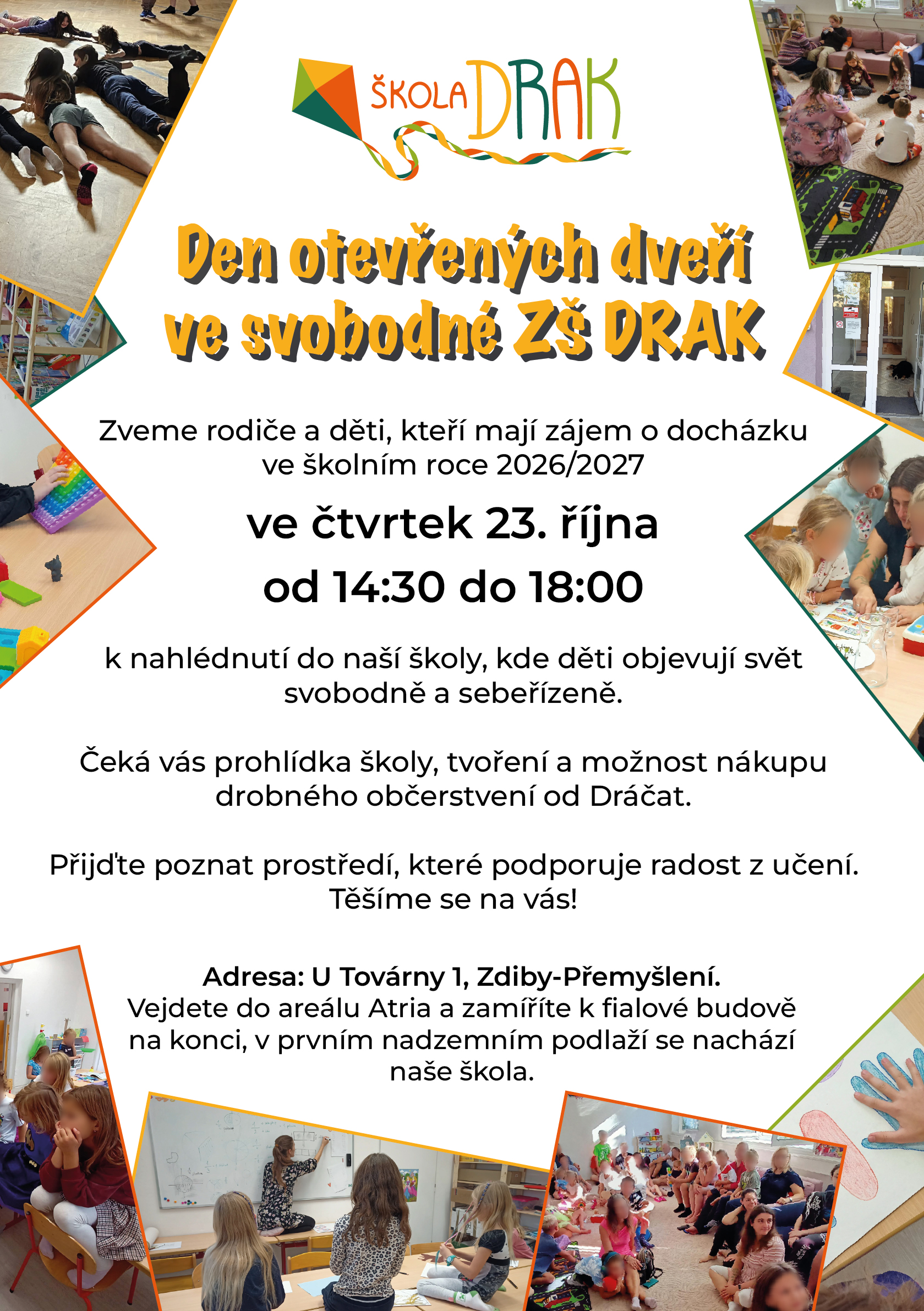 Den otevřených dveří ZŠ DRAK žáci a rodiče školy drak na zahájení školního roku ZŠ DRAK ve Zdibech sedí společně na koberci v Herně